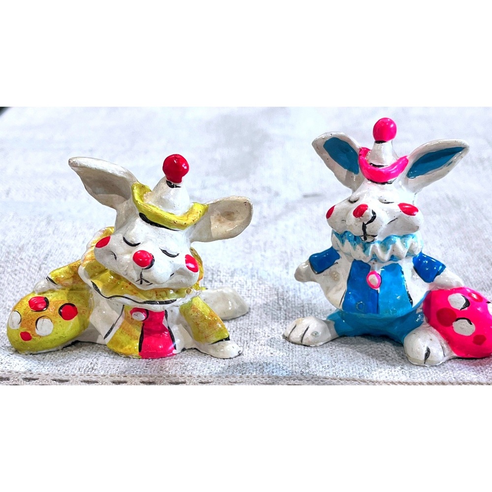 Vintage 1980 Enesco Annette Little Rabbit Clown Figurines Set of 2 Easter Bunny
